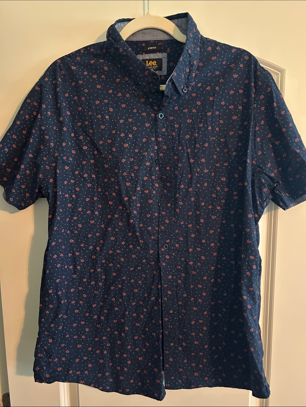 Lee Navy Short-Sleeve Button-Down Shirt with Small Red Floral Pattern